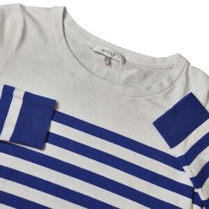 Milly Womens Large Blue White Striped Knit Sweater‎ Side Zip Pullover